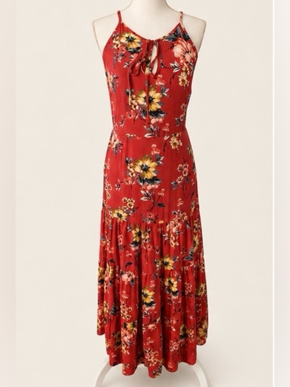 Red Floral Sleeveless Maxi Dress Tie Back Boho Cottagecore Size Small